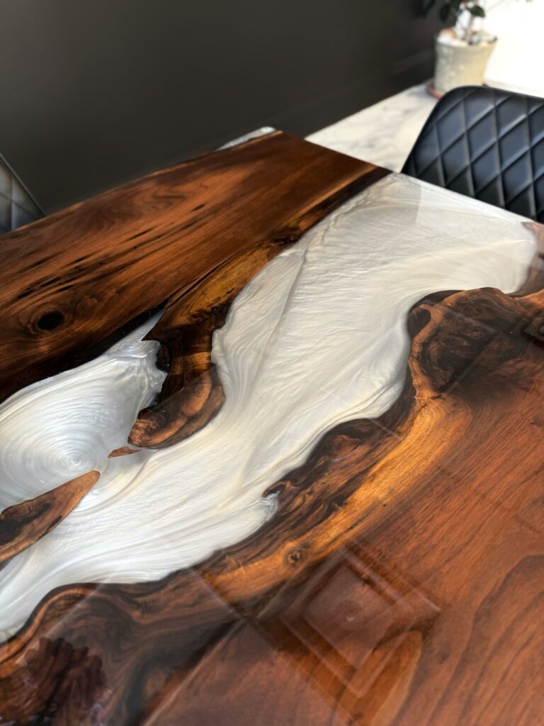 Wood Epoxy Table - Walnut & White Clear Metallic Epoxy - epoxy and wood details