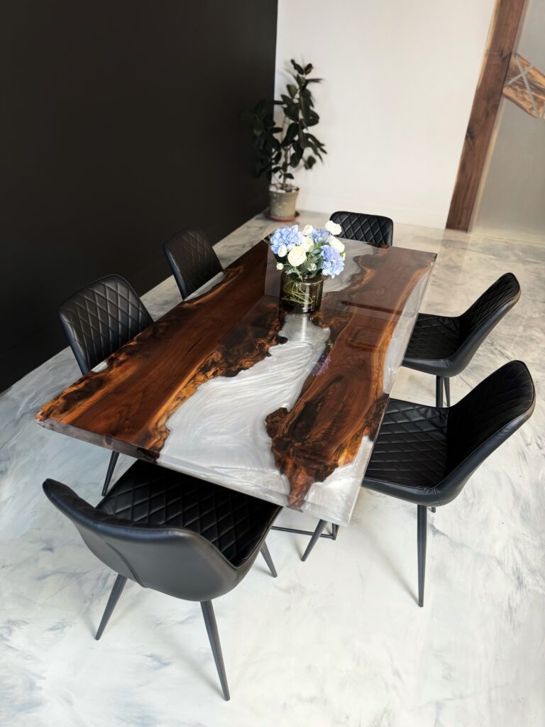 Wood Epoxy Table - Walnut & White Clear Metallic Epoxy - above view