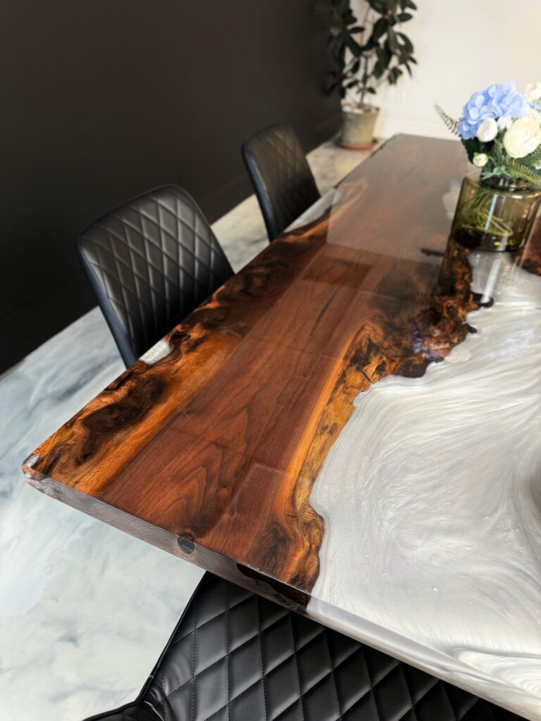 Wood Epoxy Table - Walnut & White Clear Metallic Epoxy - striking color contrast
