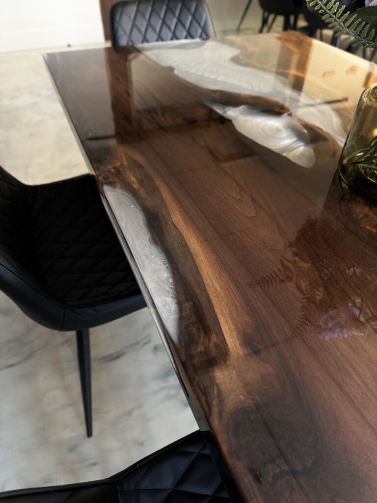 Wood Epoxy Table - Walnut & White Clear Metallic Epoxy - deep and rich wood tones