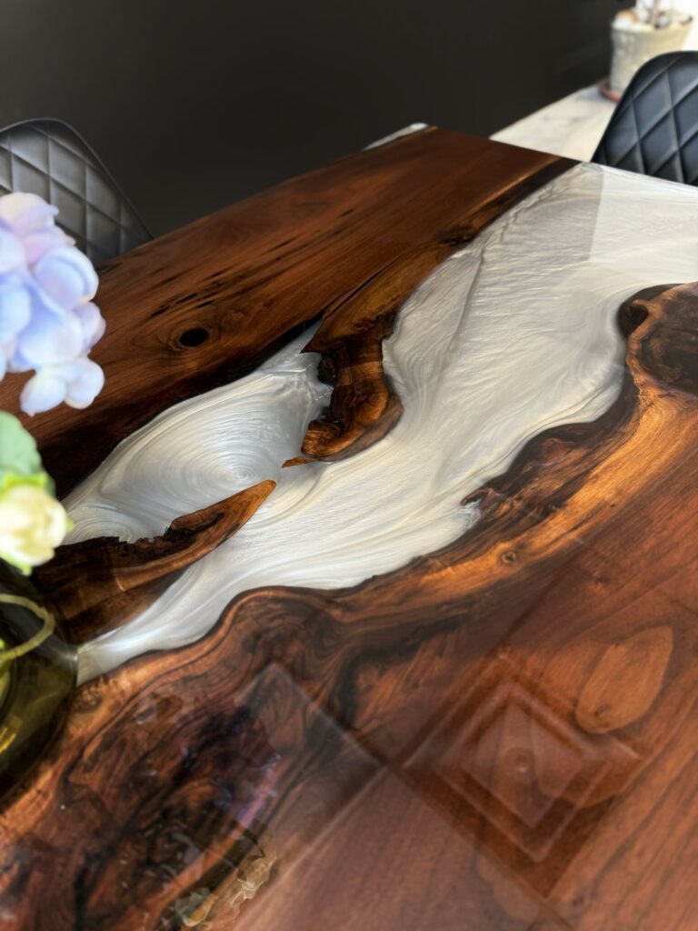 Wood Epoxy Table - Walnut & White Clear Metallic Epoxy - high quality epoxy