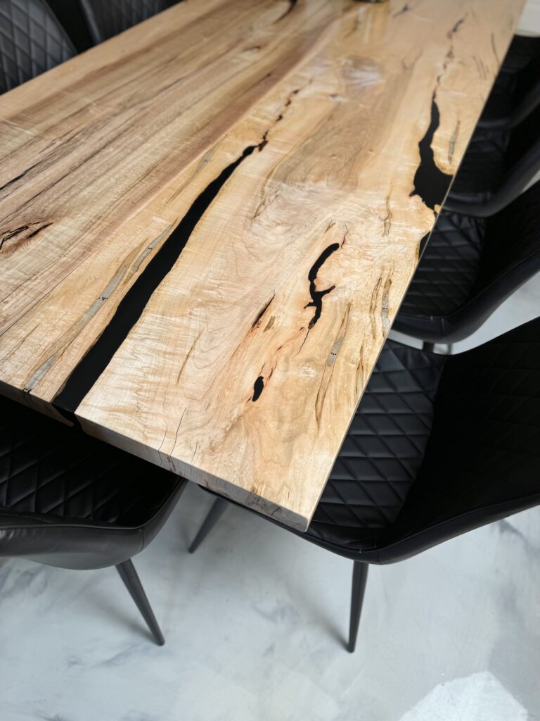 Solid Maple Dining Room Table - Black Epoxy - epoxy filling details