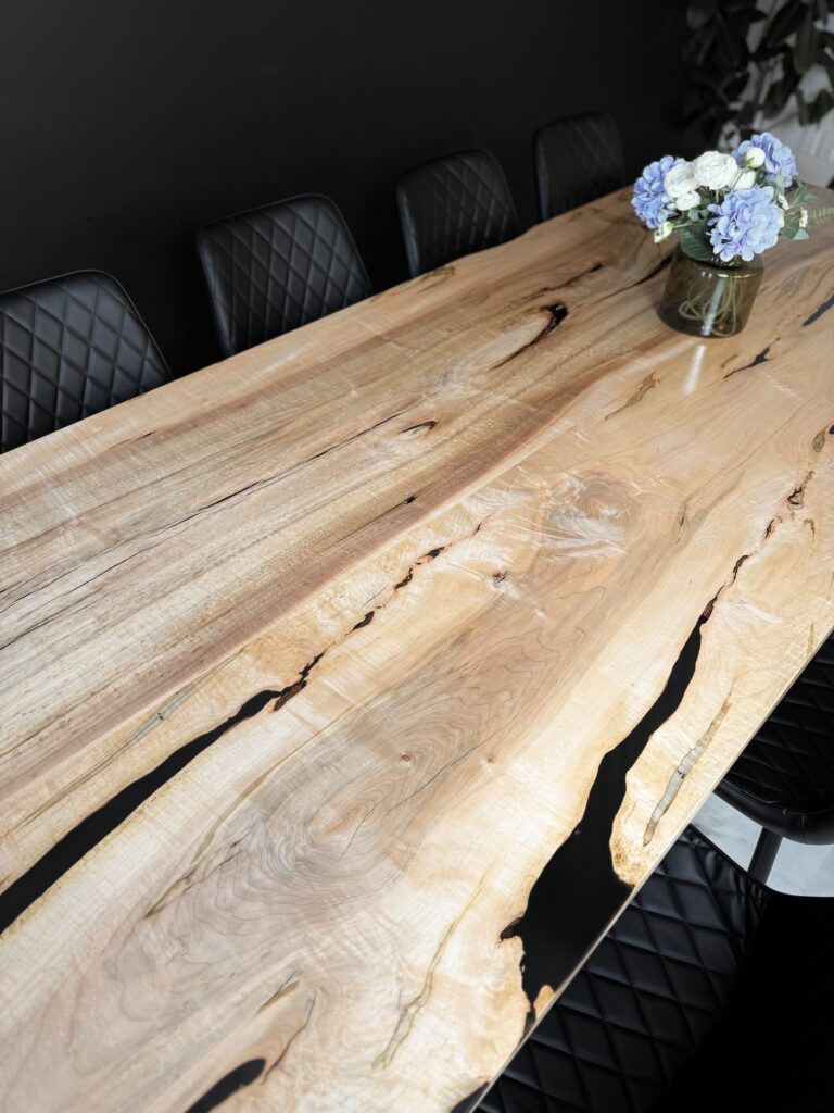 Solid Maple Dining Room Table - Black Epoxy - wood knots