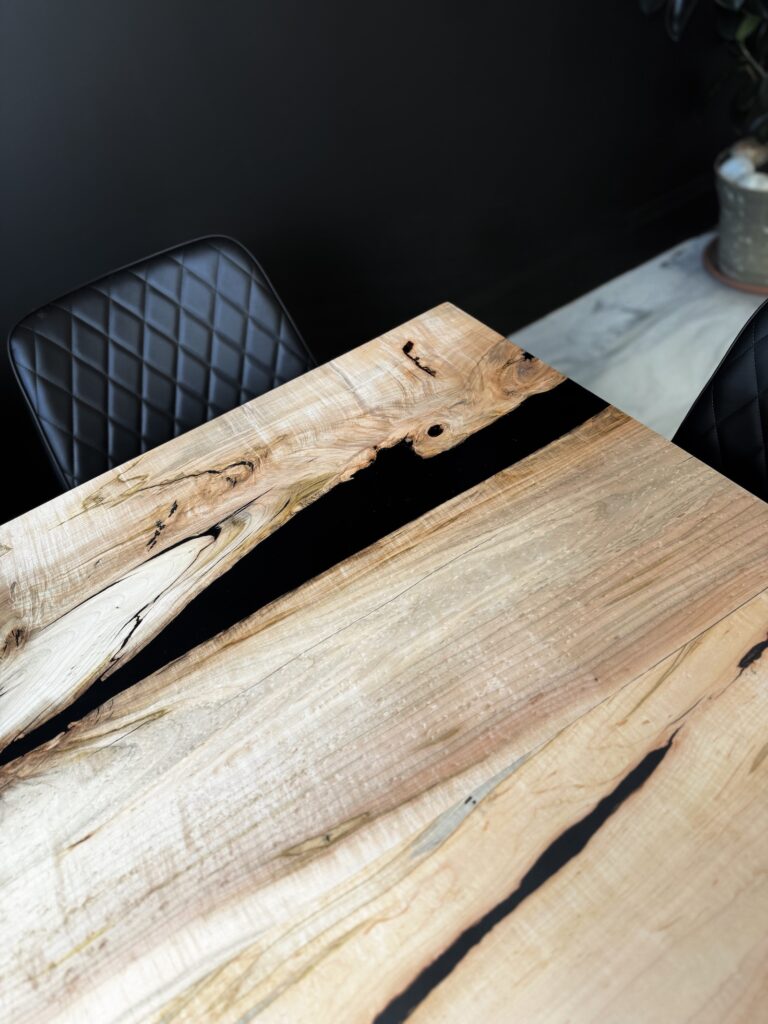 Solid Maple Dining Room Table - Black Epoxy - sophisticated wood & epoxy corner