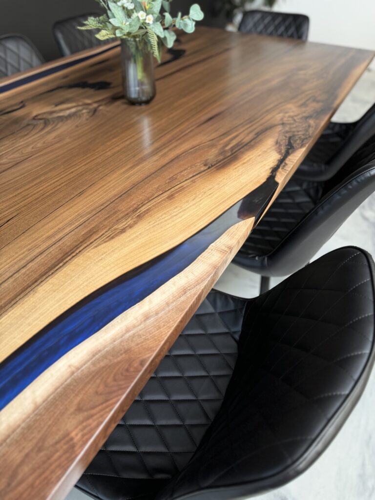 Dark Blue Epoxy Walnut Dining Table - perfect for dining