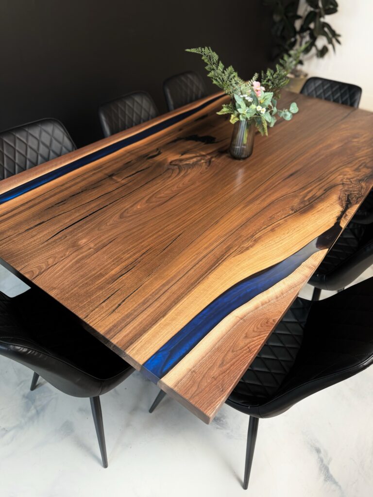 Dark Blue Epoxy Walnut Dining Table - length view