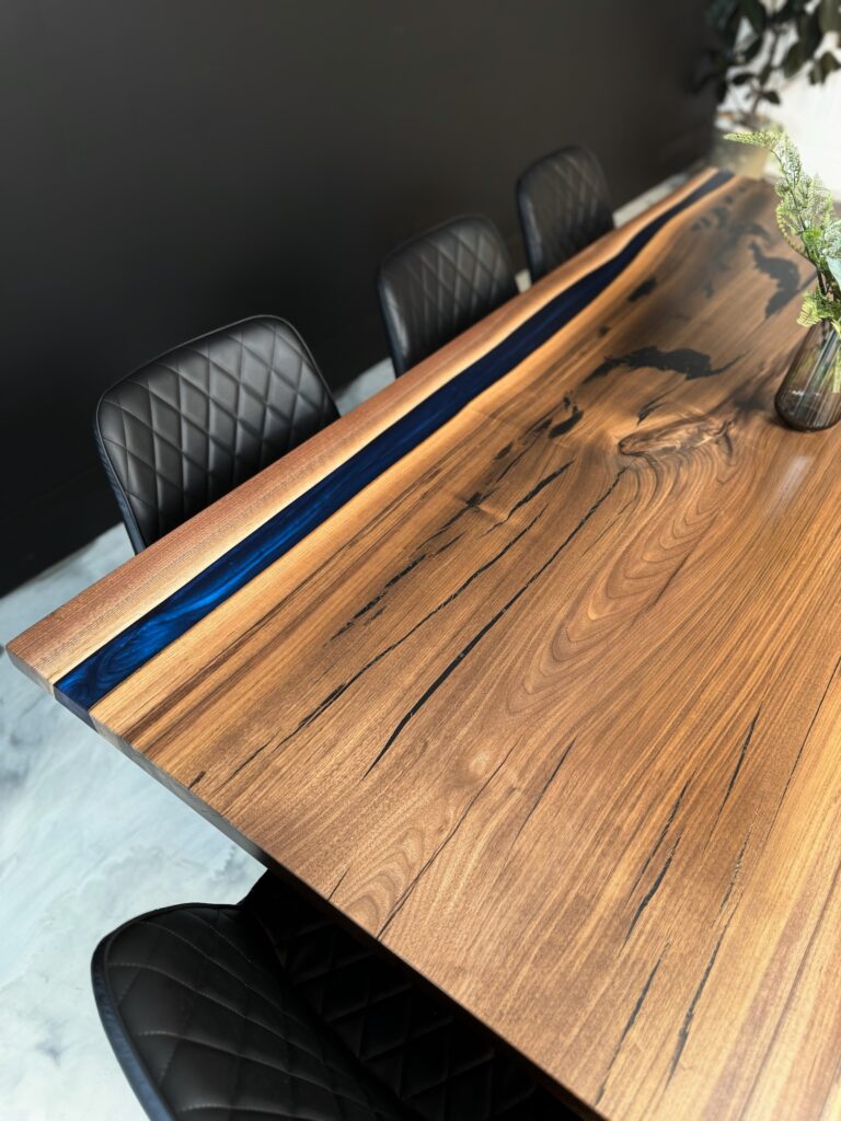 Dark Blue Epoxy Walnut Dining Table - beautiful dark blue epoxy