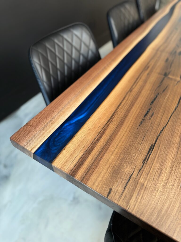Dark Blue Epoxy Walnut Dining Table - epoxy line