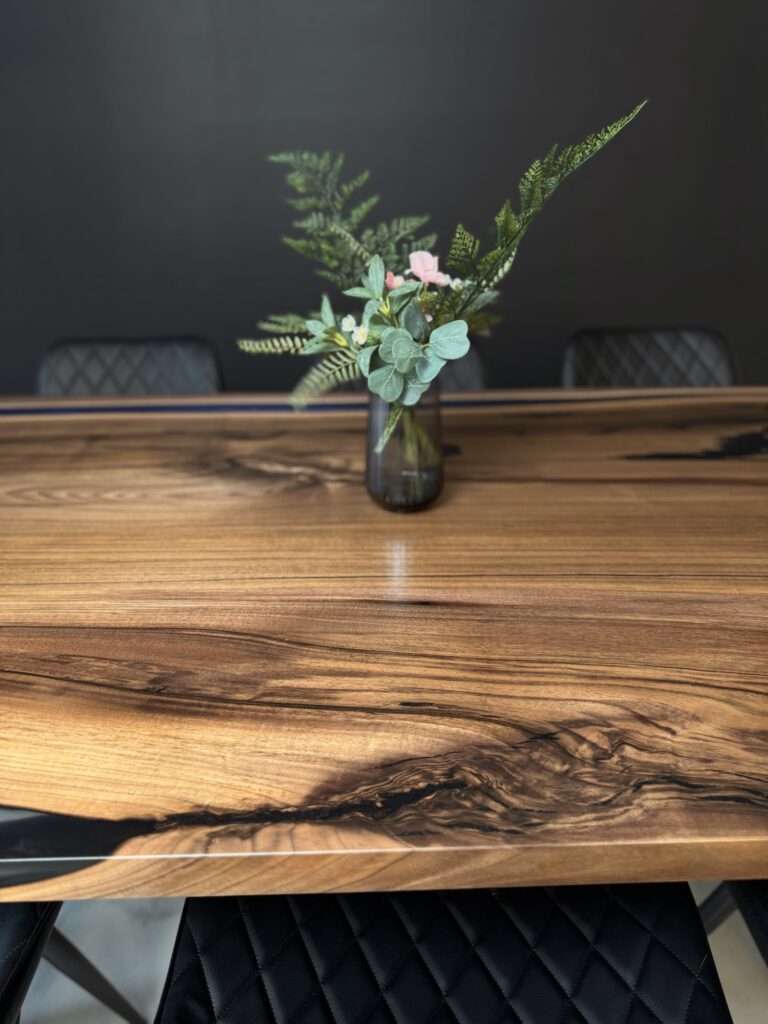 Dark Blue Epoxy Walnut Dining Table - wood knots
