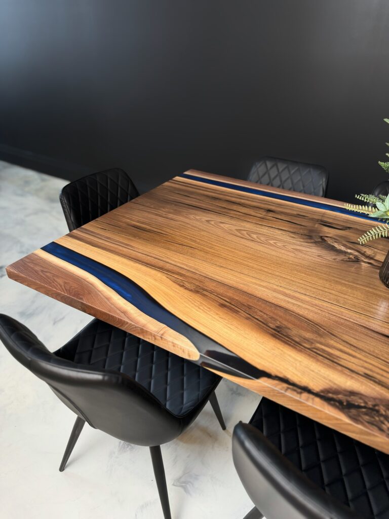 Dark Blue Epoxy Walnut Dining Table - Live edge tastefully integrated