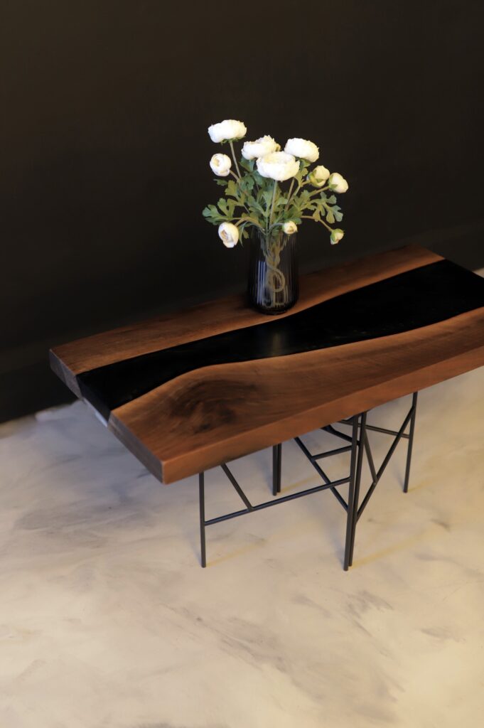 Small Wood Console Table - Walnut & Black Epoxy - 3/4 view