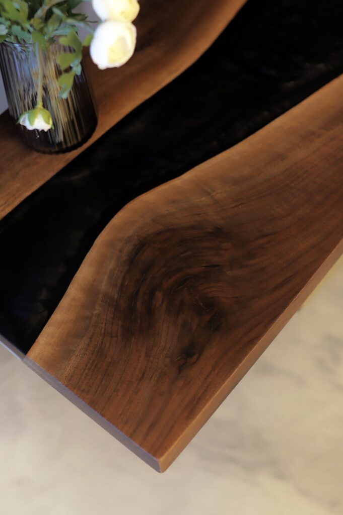 Small Wood Console Table - Walnut & Black Epoxy - Natural Wood curves