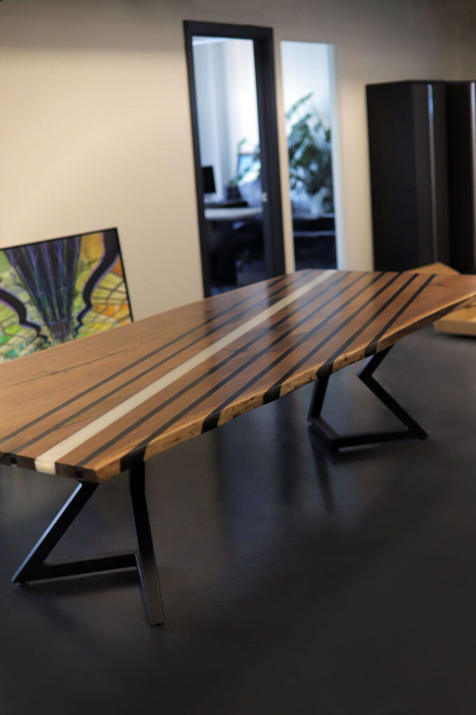 Walnut Dining Room Table – Black & White Epoxy Stripes - overview