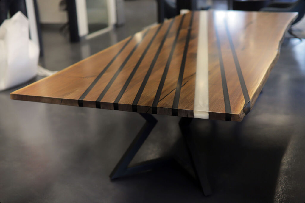 Walnut Dining Room Table – Black & White Epoxy Stripes - side view