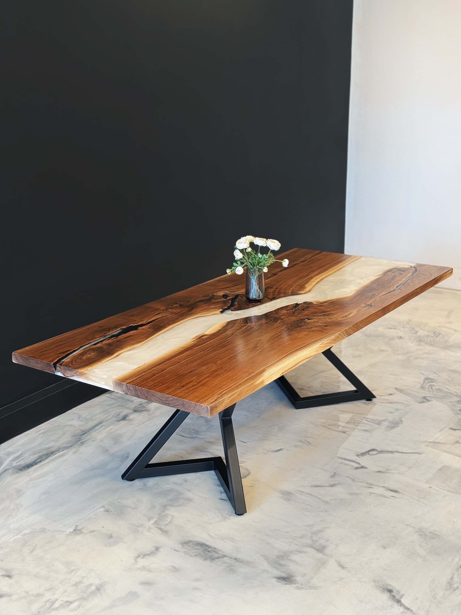Walnut Dining Table with White Pearl Epoxy - Anglewood Furniture